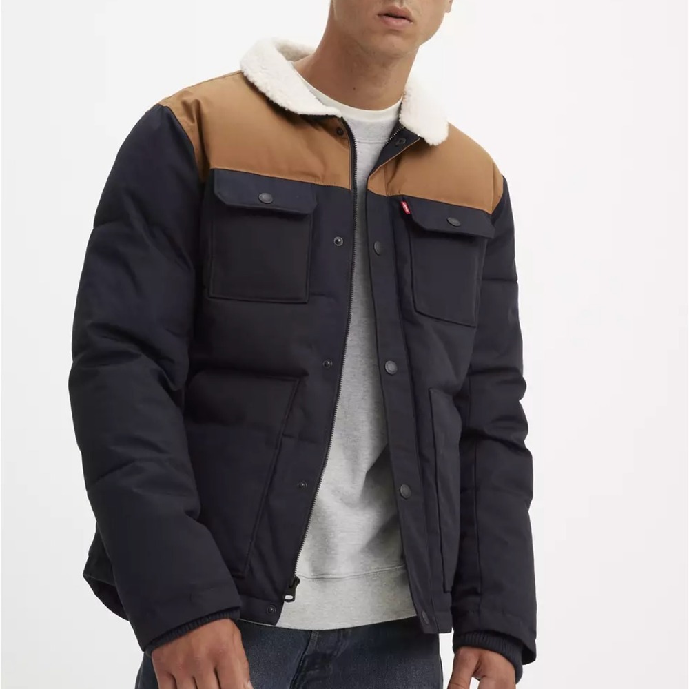 Levis Quilted Woodsman Puffer Jacket S Blue Utility Coat Sherpa Down Alternative
